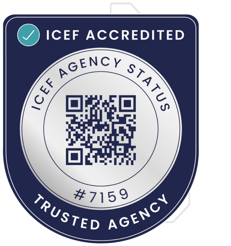 ICEF Agency Status badge — ICEF Accredited, Trusted Agency, status number 7159